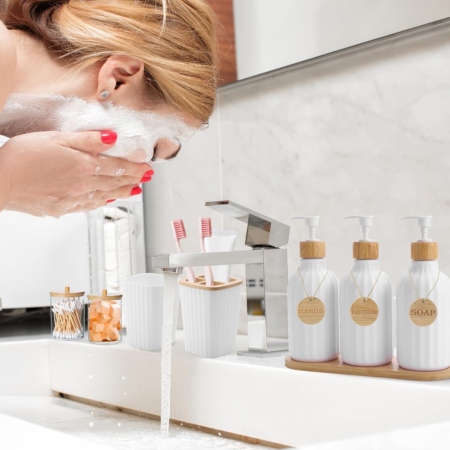 Bathroom Accessories Set White Bathroom Set with Trash Can,3PCS Lotion Soap Dispenser, Holder, Soap Dish,Tumbler Cup,6pcs Tags White Bath Accessories with Tray for Bathroom Decor Bathroom Accessories Set White Bathroom Set with Trash Can,3PCS Lotion Soap Dispenser, Holder, Soap Dish,Tumbler Cup,6pcs Tags White Bath Accessories with Tray for Bathroom Decor