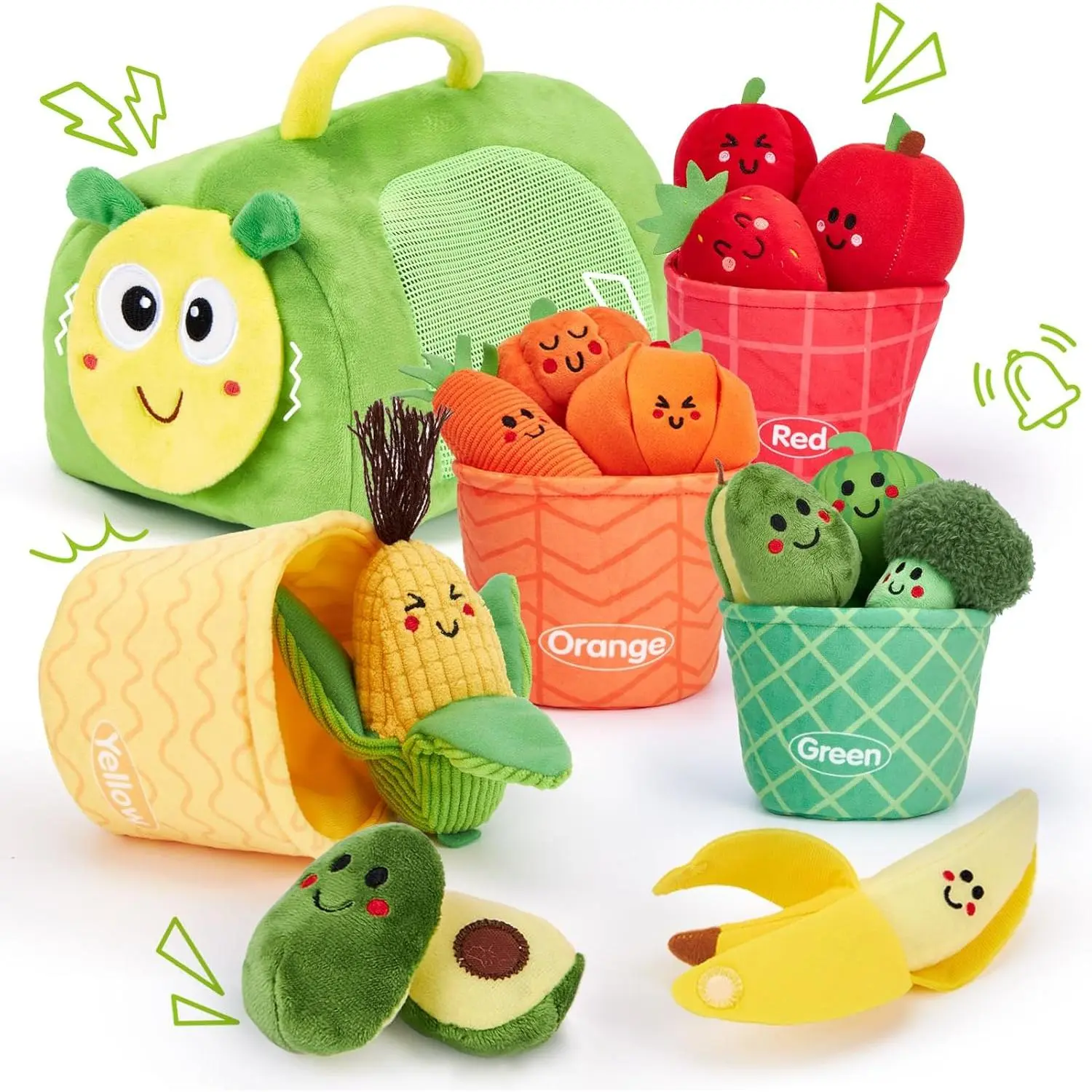 Plush Play Food Set, 17-Piece Fruits & Vegetables Sensory Toy with Caterpillar Bag, Color Sorting Learning for Babies 9-12 Months, Wansheng Global Supply Chain Management Co.