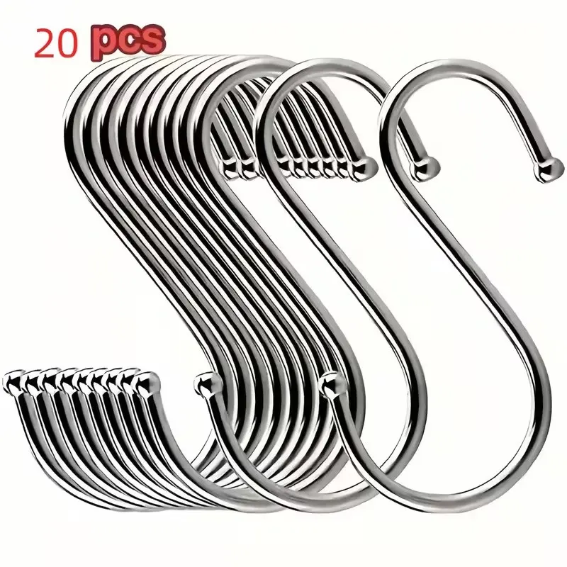 20pcs Durable Stainless Steel Hooks, S-Shaped Metal Hooks, Multi-Purpose Hanging Hooks for Home Organization, Kitchen, Bathroom, Office