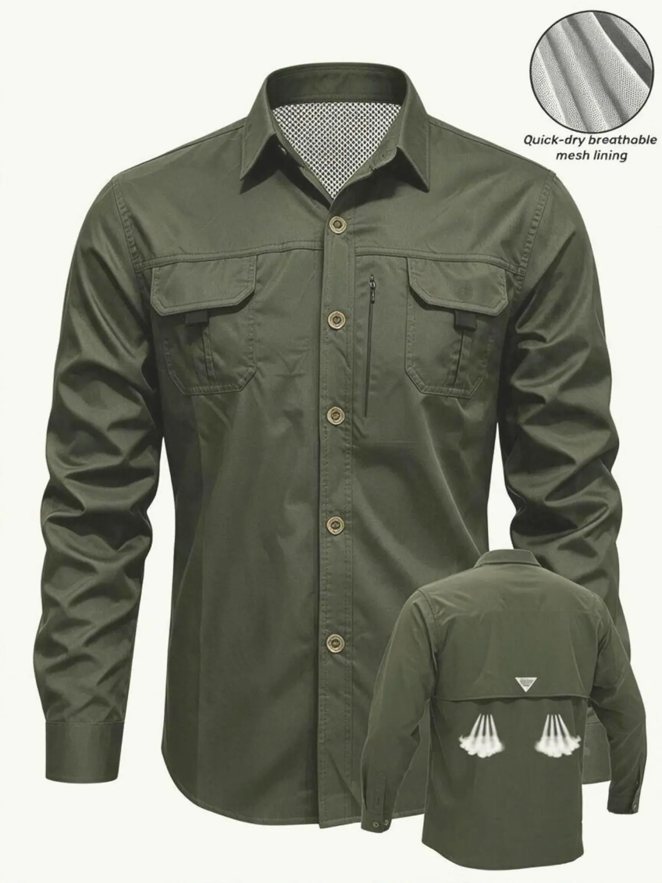 Men Lightweight Quick Dry Tactical Long Sleeve Work Shirt with Breathable Mesh Lining Multi-Pocket Design and Back Ventilation for Outdoor Hiking Camping Fishing