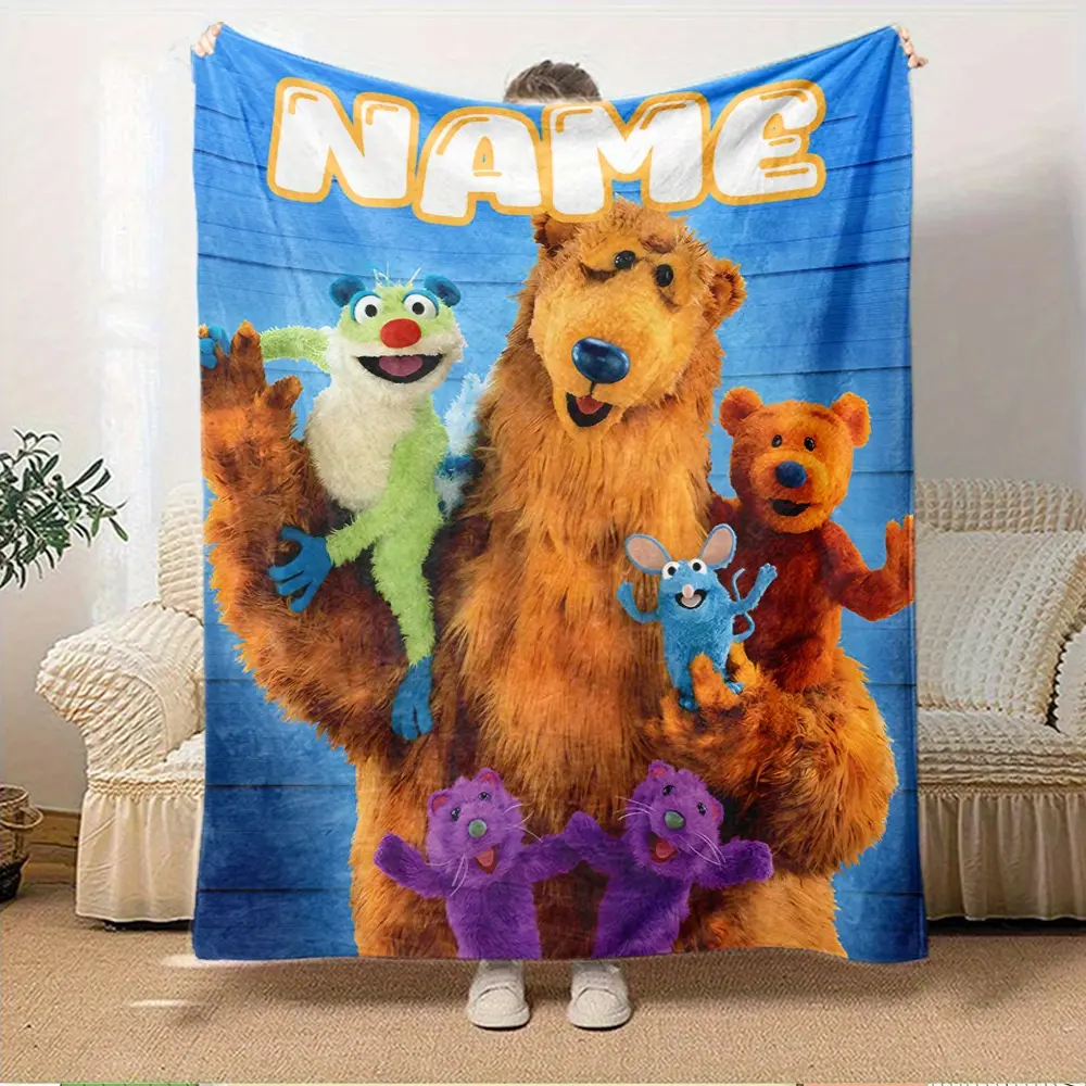Custom Name Bear in the Big Blue House Plush Fleece Throw Blanket - Fleece Fabric, Multi-Size, Resistant Print, Vibrant Puppet Crew Art, Kids Room Decor, Soft Lightweight Retro Vintage Gift for Retro Kids Show Fans (Birthday, Holiday)