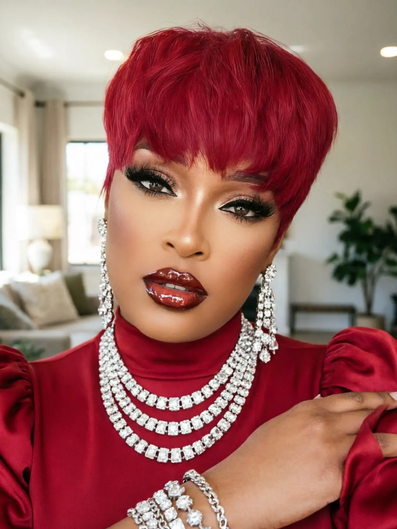 Short Pixie Cut Wig with Bangs 99J Color Human Hair Machine Made Hair For Women