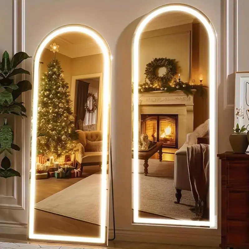 LED Lighted/Not-LED Lighted Full-Length Mirror with Arched/Rect Top - Aluminum Frame Floor-Standing Dressing Mirror for Bedroom & Living Room, Black/Golden/White