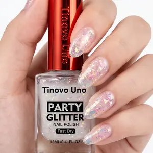 Tinovo Uno Party Glitter Nail Polish 12ml, Clear Iridescent Confetti Shimmer, Fast Dry, No UV Needed, Sparkly Holographic Finish, Long-Lasting Wear, Multifunction Nail Strengthener, Improves Brittle & Weak Nails, Original Brand Cap, Ideal Party & Holiday