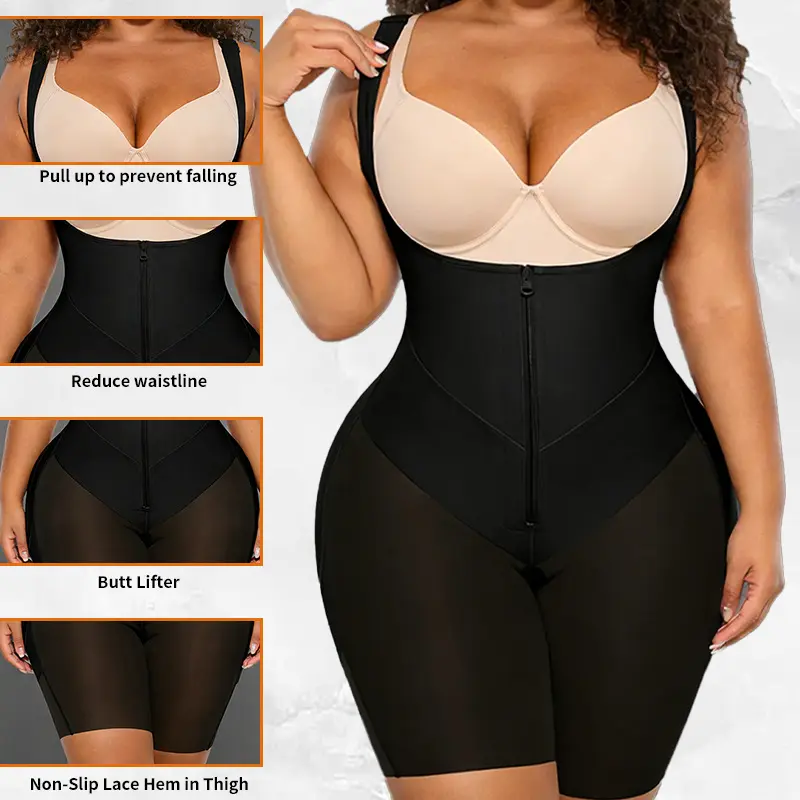 Plus Size Open Bust Shapewear Bodysuit for Women, Front Zipper Tummy Control Body Shaper, Butt Lifting Waist Slimming Compression Faja, Mesh Thigh Slimmer