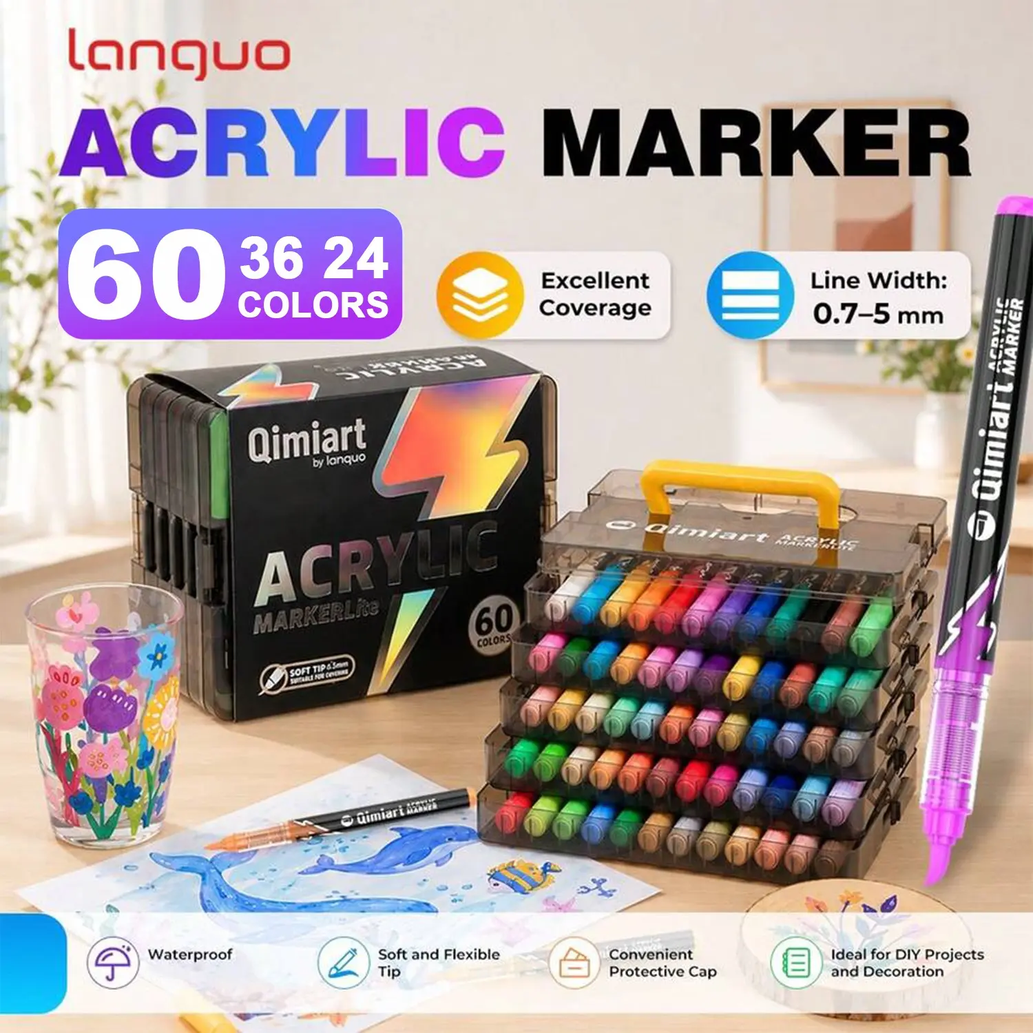 Languo Qimiart Acrylic Marker Set, 24/36/60 Colors, 0.7-5mm Soft Brush Tips, Fast-Drying Ink, Portable Storage Box, Multi-Material Drawing Pens
