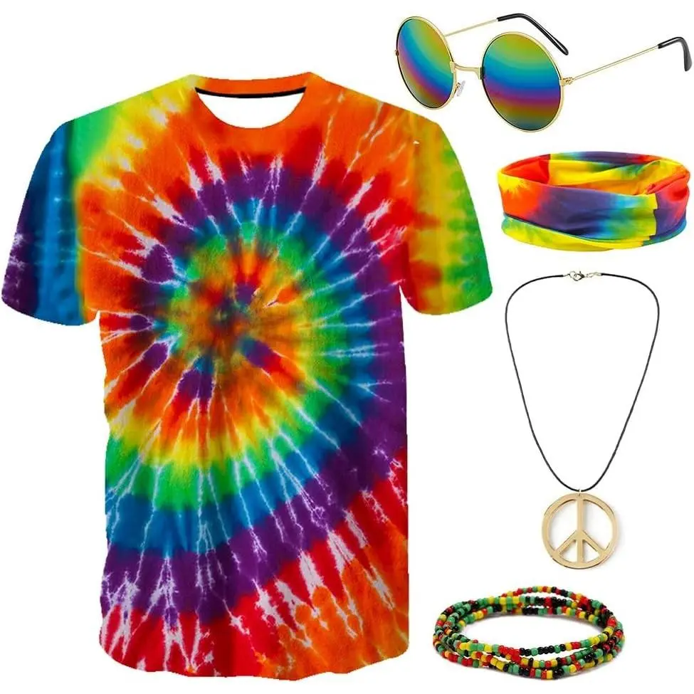 Hippie Costume Outfit for Men Women 60s 70s Accessories Set | Tie Dye T-Shirt, Peace Necklace, Tie Dye Band, String Beads for Halloween PartyGift