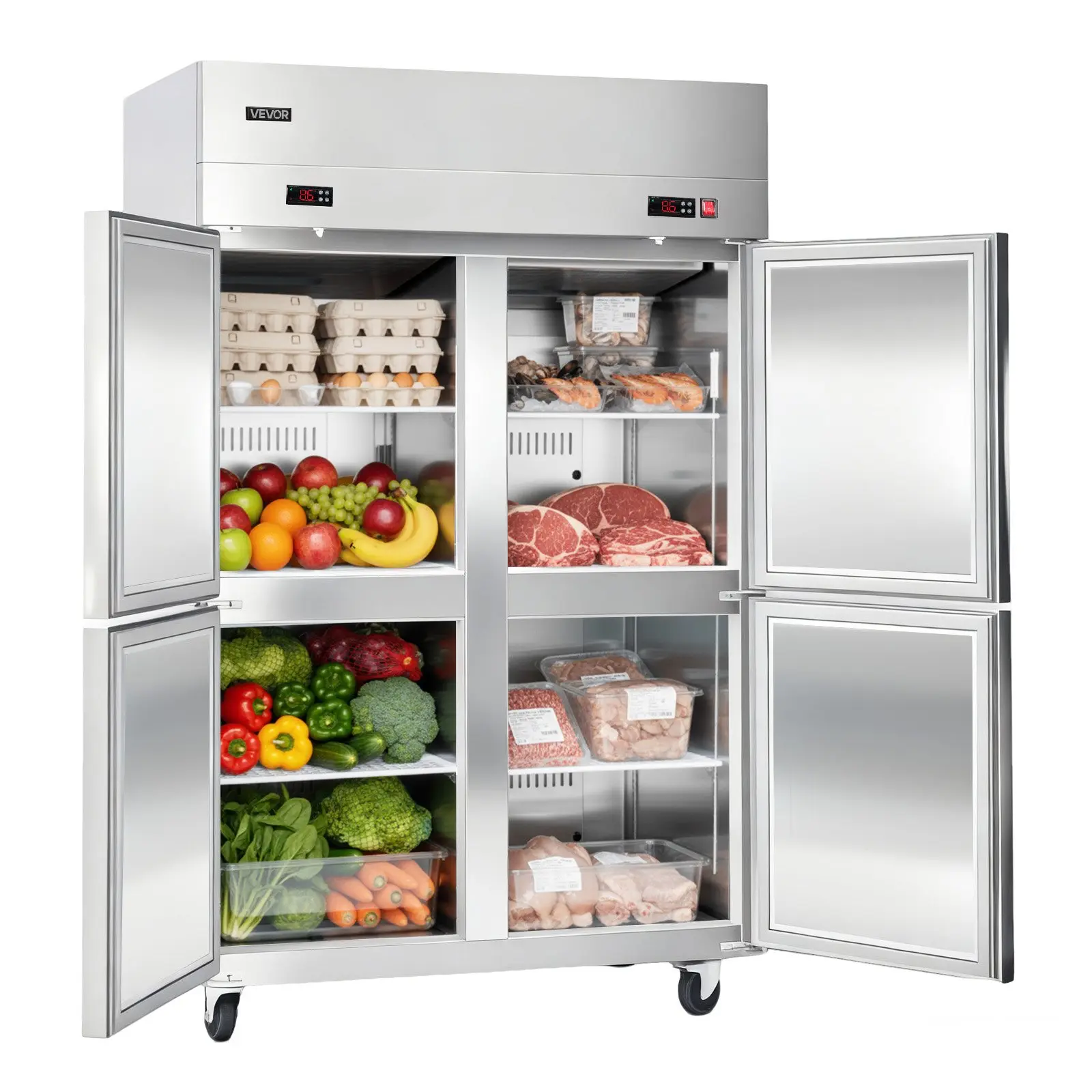 【Summerfinds】VEVOR 48 in W 4-Door Commercial Refrigerator-Freezer Combo, 31 Cu. Ft Stainless Steel Upright Unit, Auto Defrost, 6 Adjustable Shelves, UL Certified for Commercial Use, 4 Doors & Above