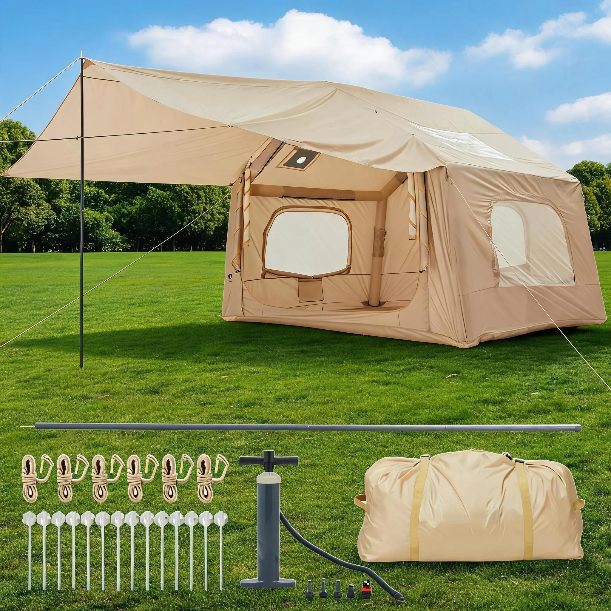 Inflatable Camping Tent with Awning for 4-8 People - Waterproof Oxford Cloth Air Tent, Quick Setup, Mesh Windows, Carry Bag Included - 8 sq m