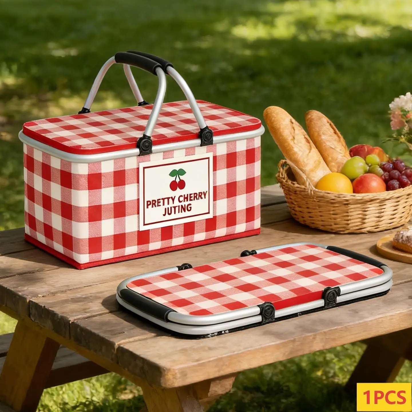 Outdoor Picnic Basket with Lid, Picnic Hamper, Foldable Handheld Insulated Bag, Large Capacity, Camping Insulation Storage Box, Camping Supplies, Camping Gear, Durable and Stain-Resistant