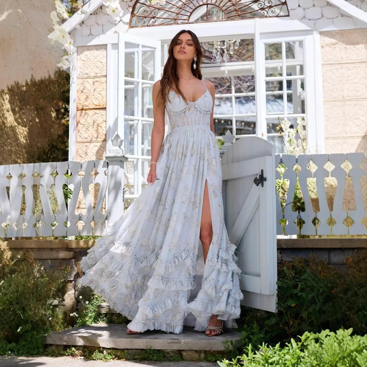 Women’s Floral Chiffon Maxi Dress, Spaghetti Strap Backless Corset A-Line Dress with High Slit, Ruffle Hem, Cinched Waist Summer Beach Vacation Wedding Guest Dress