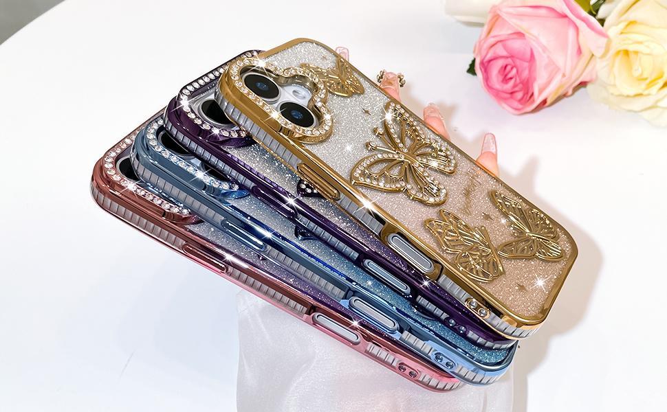 OREKROY Cute 3D Butterfly Pattern Plating Glitter Bling Case for iPhone 17 Pro Max 17 Air 17 Pro 16 15 14 13 12,Camera Protection Sparkly Slim Soft Back Cover for Women Girls