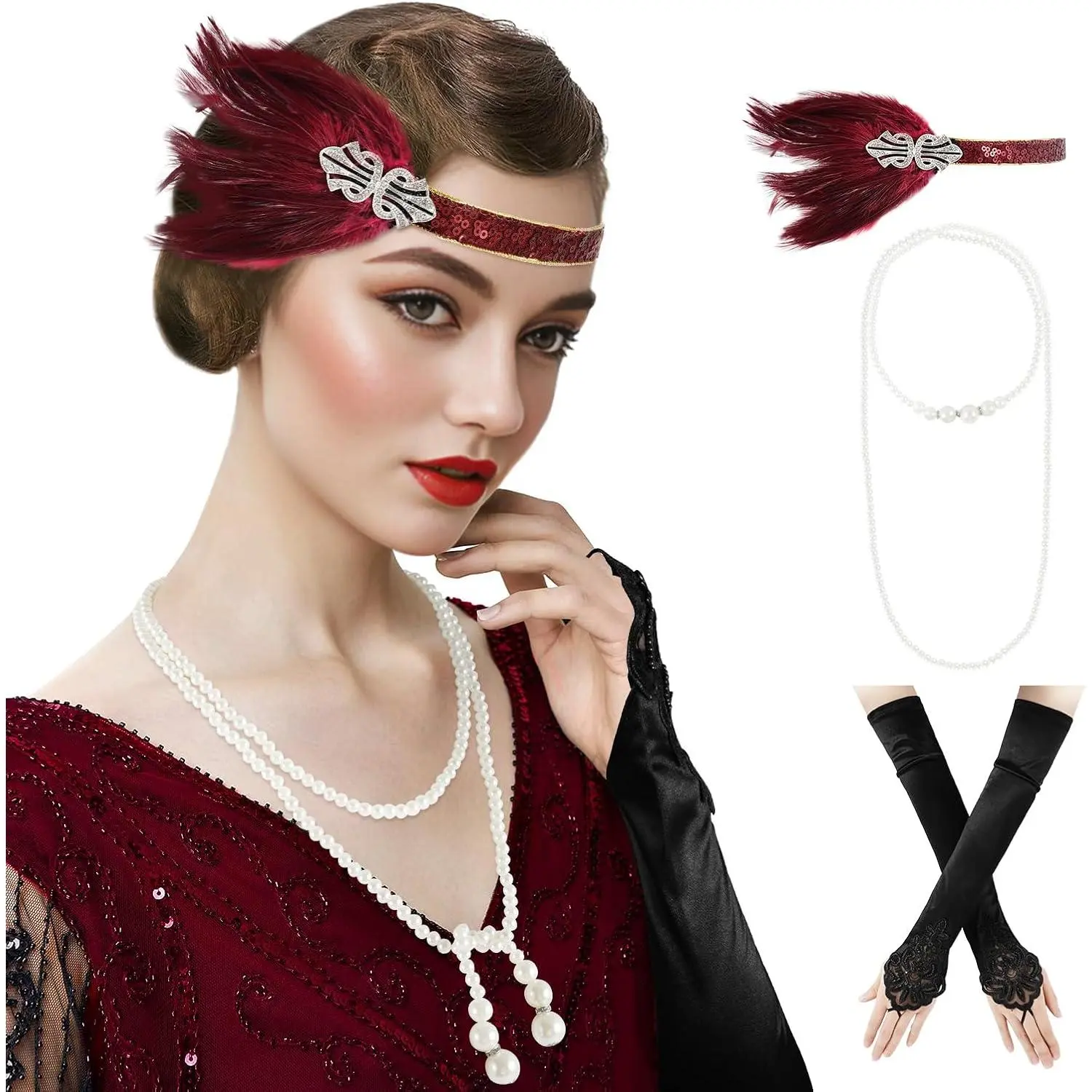 1920s Accessories For Women  Costume Roaring 20s Flapper Headband Headpiece  Pear Necklace Gloves