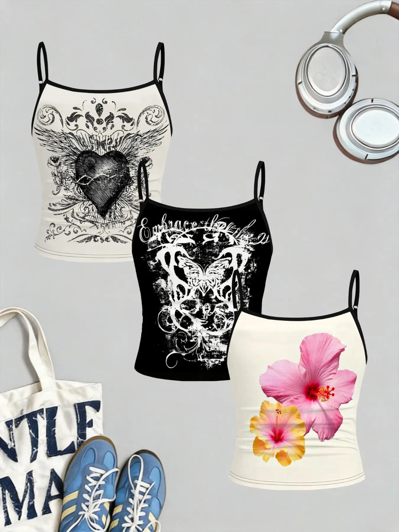 3-Pack Girls Y2K Style Tank Tops, Vintage Heart Butterfly Hibiscus Print, Soft Stretch Casual Vest, Kids & Teens Summer Streetwear