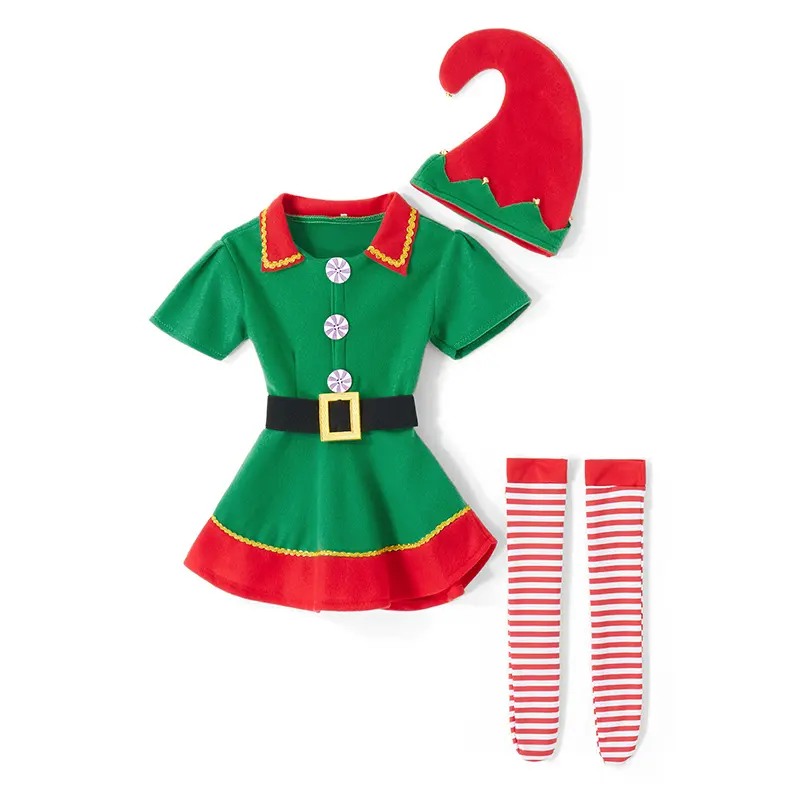 Family Christmas Elf Costume Short Sleeve Dress Pants Hat Belt Socks Parent Child Matching Set