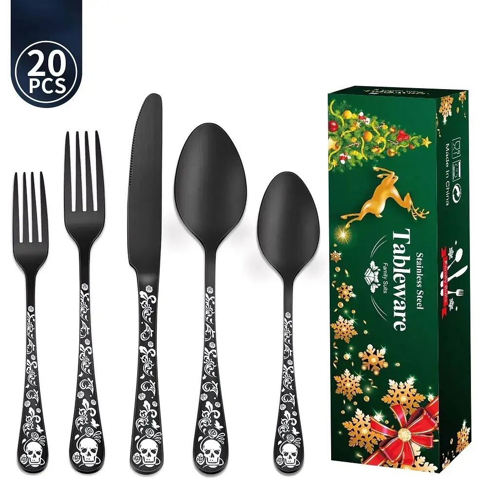 Skull Laser Pattern Stainless Steel Cutlery Set, 20-Piece Western Steak Knife Fork Spoon Set, Perfect Gift for Halloween, Valentine's Day, Birthday, Wedding, Easter