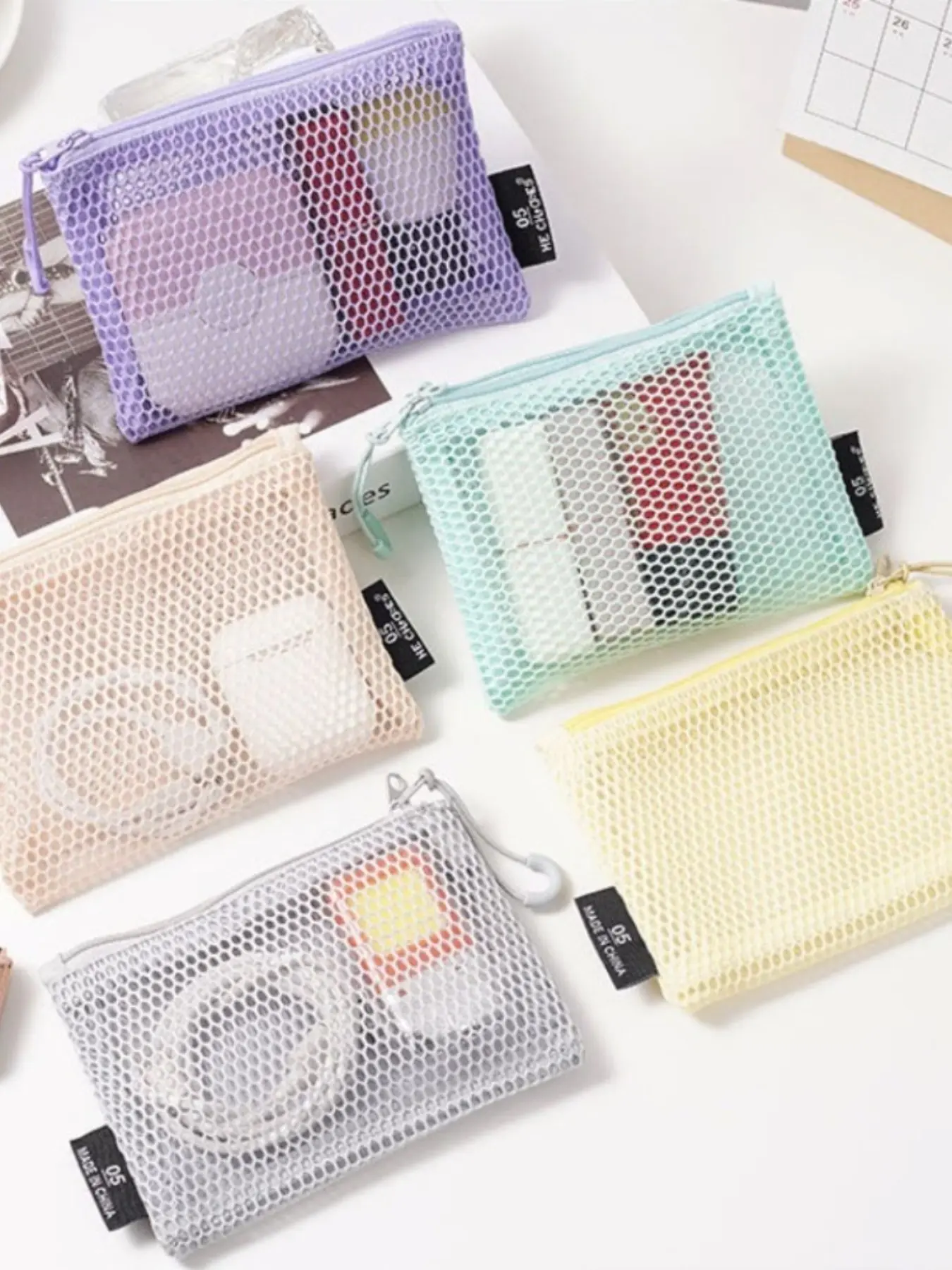 Compact Multicolor Dual Zipper Mesh Storage Bag, Portable Handheld Organizer, Coin Lipstick Key Earphone Holder, High-Value Travel Essential
