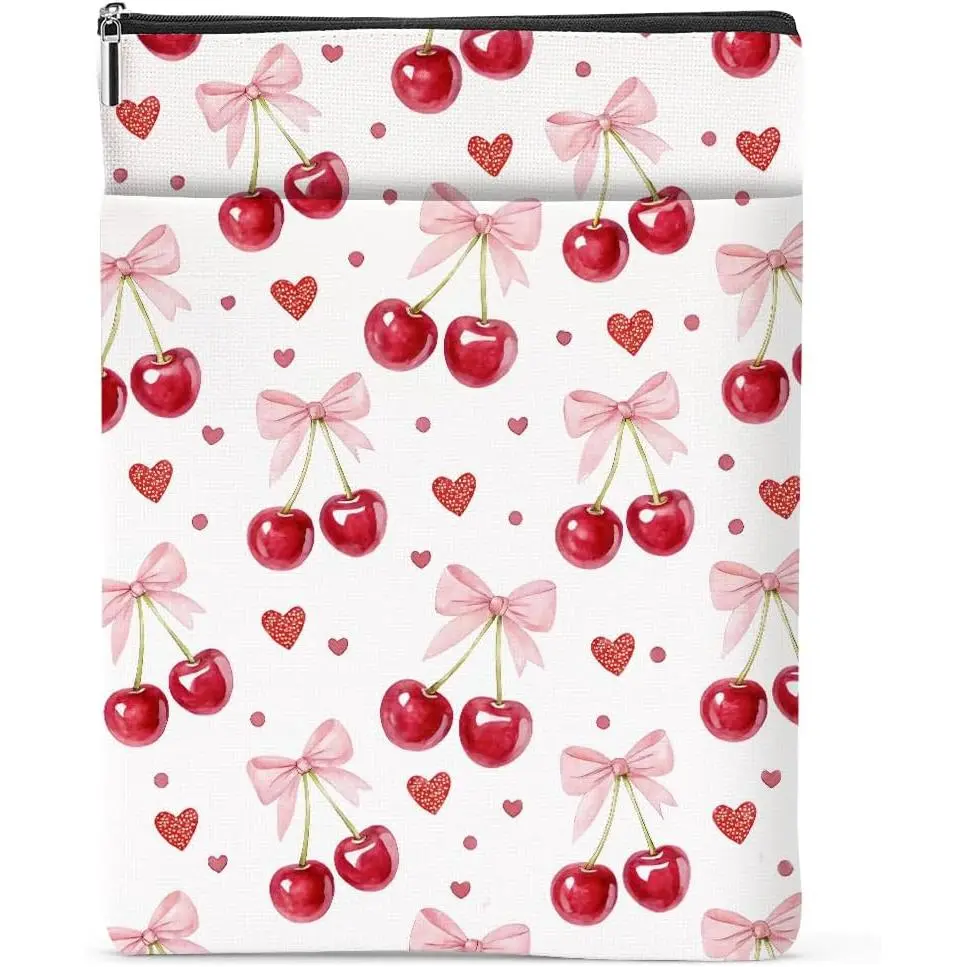 Cherry Bows Decor Book Lovers Gifts  Book Sleeve Books Pouch Books Protector with Zipper and Front Pocket Bookish Gifts Cover Case for Women Girl  Reader Reading Accessories