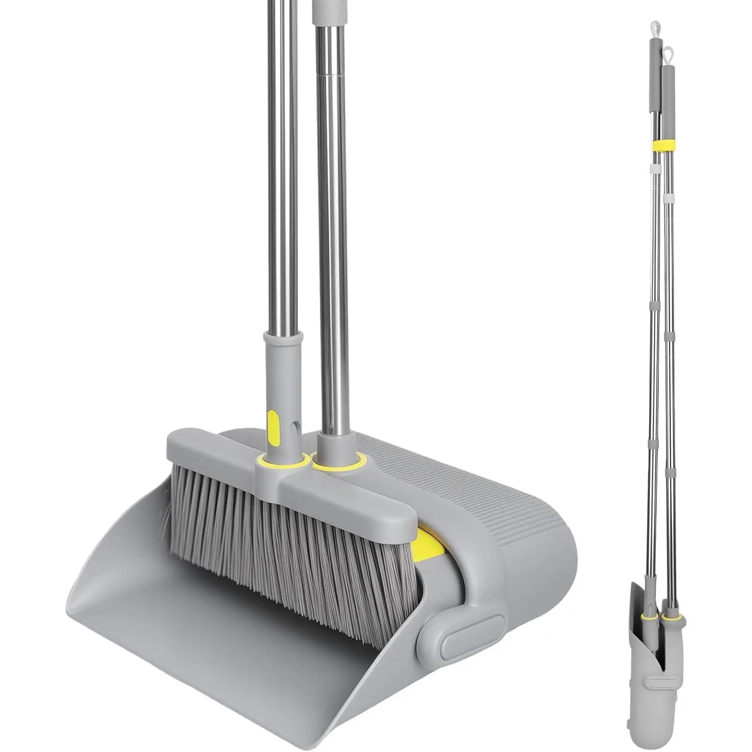 Broom and Dustpan Set 180° Rotatable Head with 61" Extra Long Adjustable Handle Self-Cleaning Dustpan Teeth&Zero Gap Indoor Outdoor Sweeping for Home Kitchen Office Pet Hair-Gray&Yellow