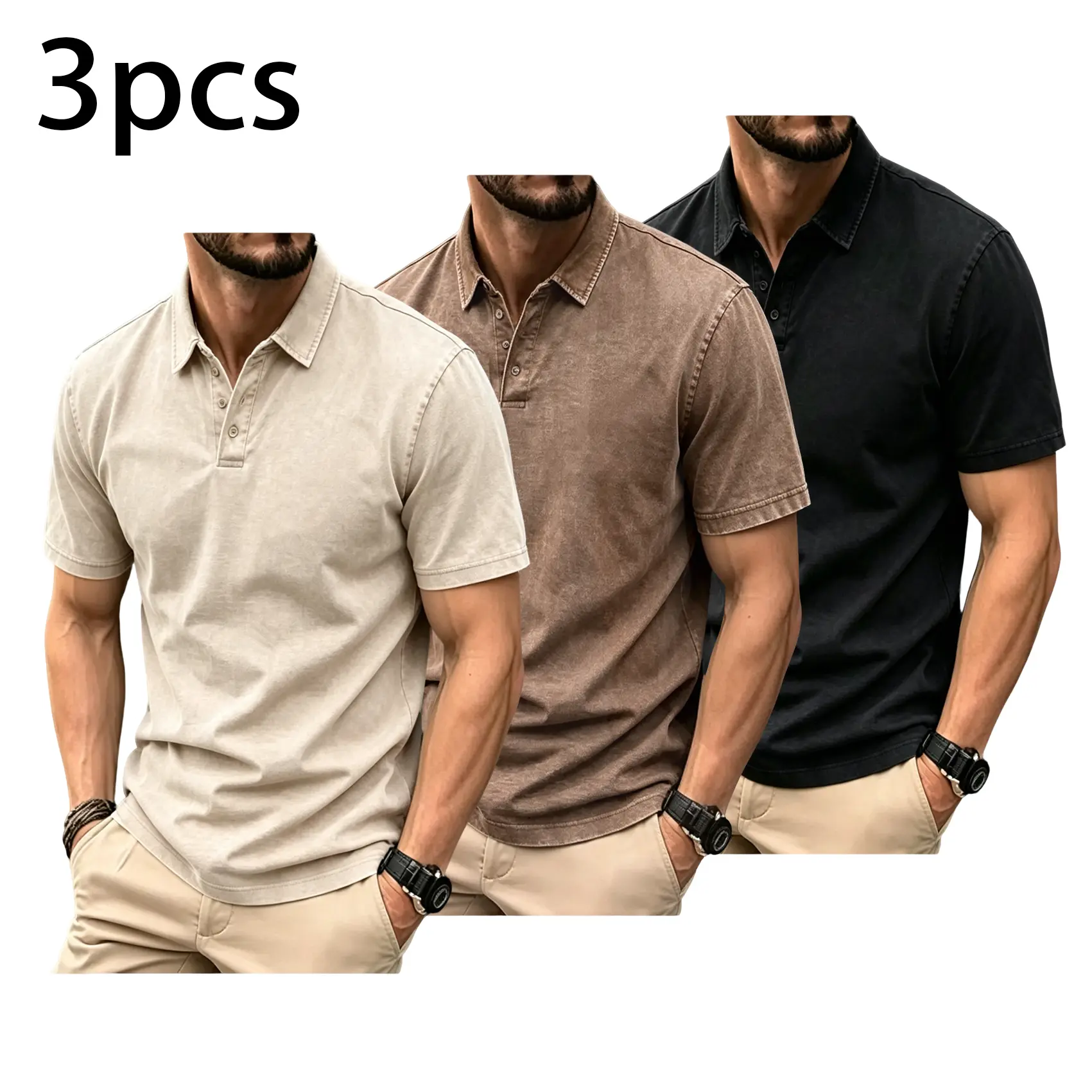 Men's Heavyweight Cotton Acid Washed Vintage Collar Polo Shirts (3pcs) - Basic Look, All Seasons, Breathable, Solid Colors, Short-Sleeve Menswear Casual Tops