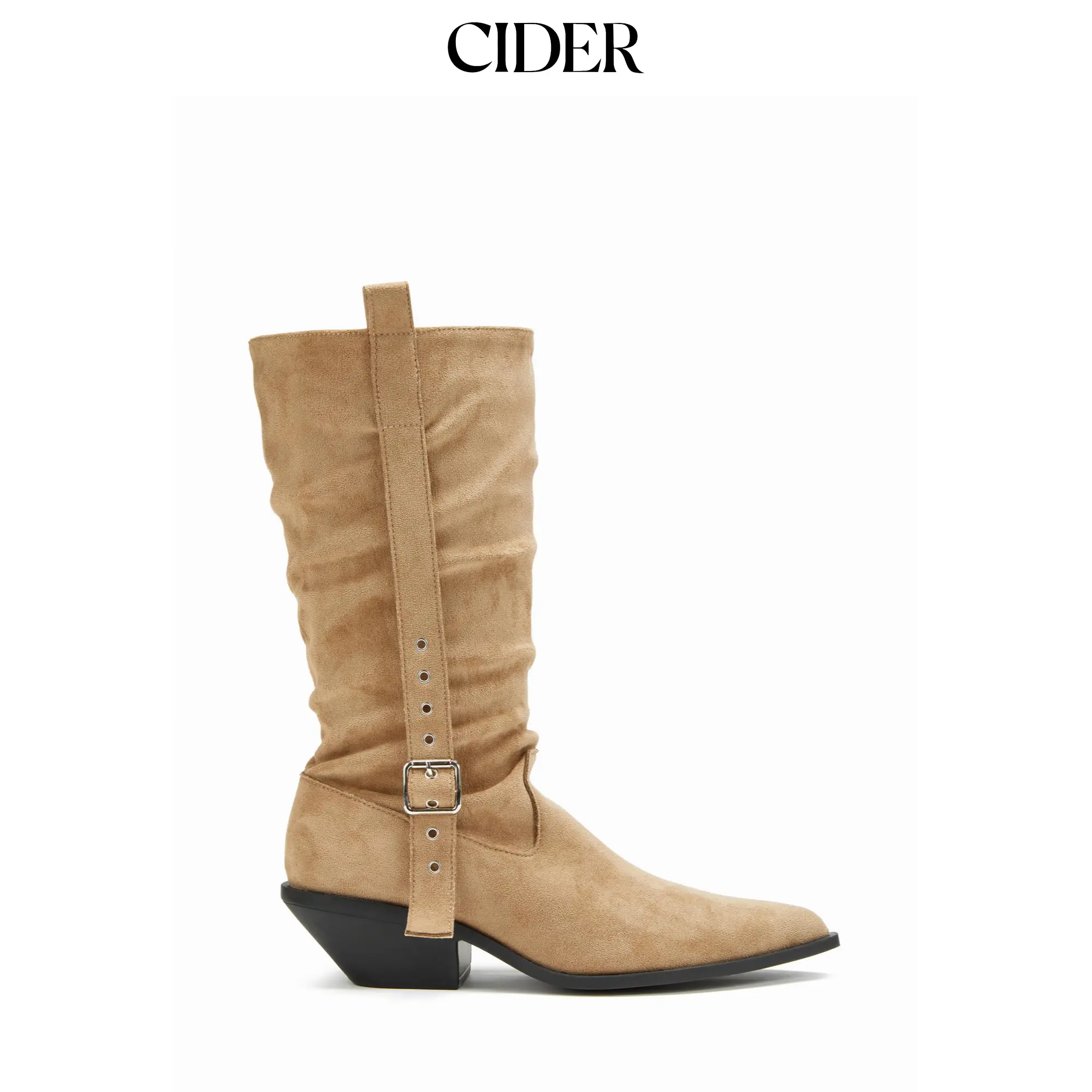Cider  FAUX SUEDE BUCKLE POINTED TOE BOOTS SohoChic