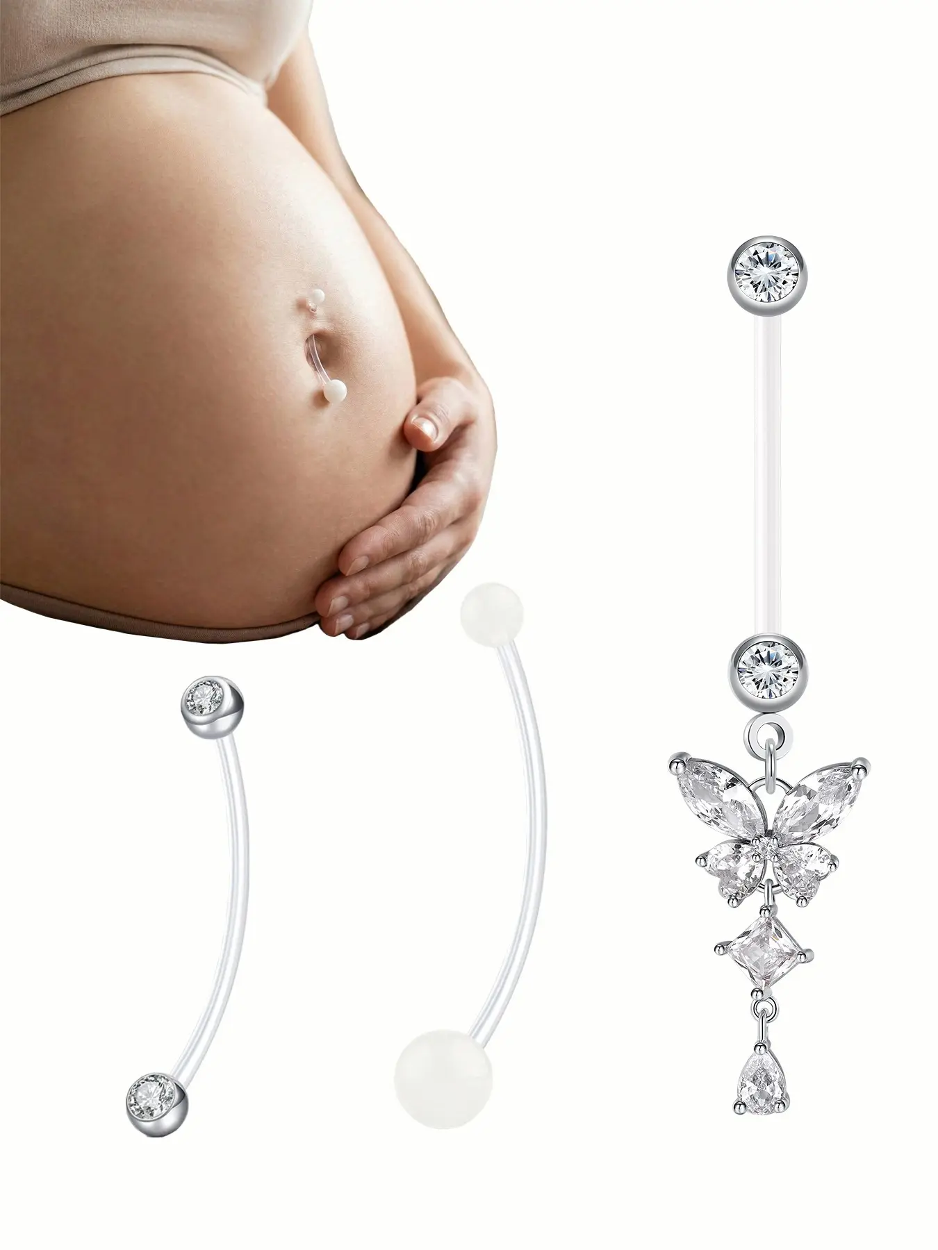 Elegant Pregnant Belly Button Ring, Flexible Transparent Acrylic, Hypoallergenic Plastic, Adjustable 25-38mm, Casual Style, All Seasons