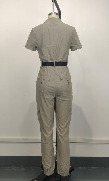 New Women's Fashion Zipper Jumpsuit Short Sleeve Lapel Multi-Pocket Belt Jumpsuit