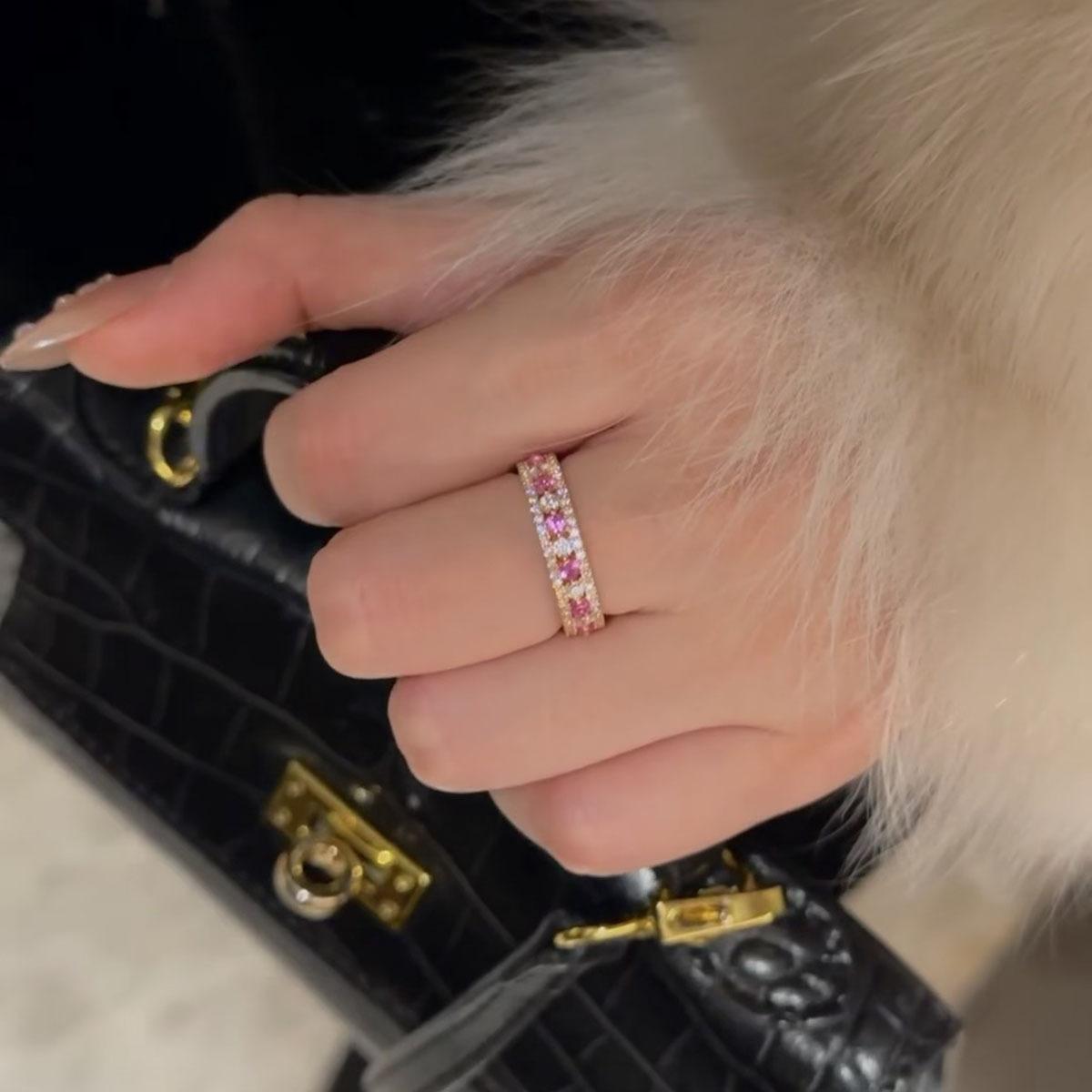 Pink Full Zircon Band Ring for Women, Korean Style Dainty Stackable Rings, Sparkling Fashion Jewelry, TikTok Trending Couple Gift, Ins Aesthetic Style