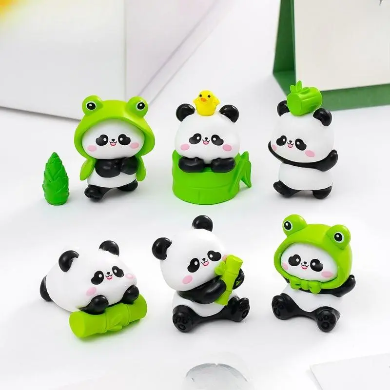 Kawaii Panda Figurine with Frog Raincoat – Mini Cute Animal Desktop Ornament, DIY Car Dashboard Decoration, Collectible Frog Costume Panda Statue for Kids & Adults