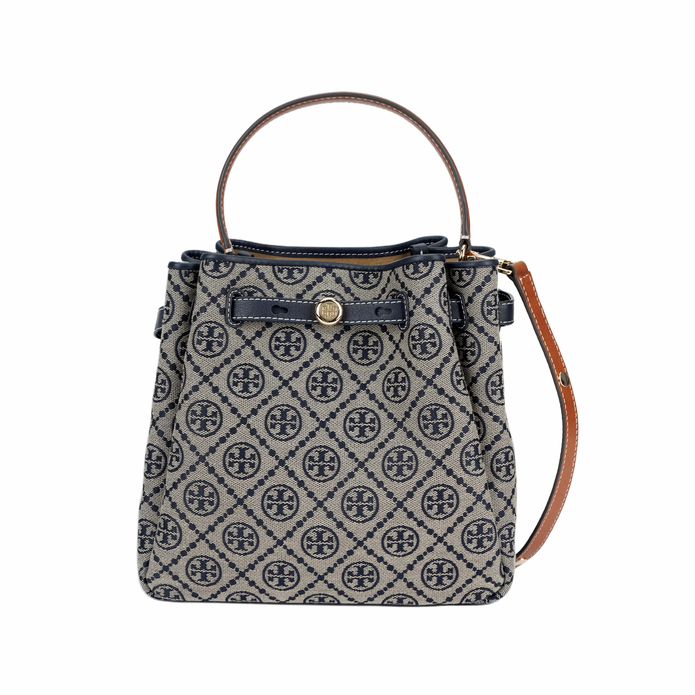 Tory Burch Romy T Monogram Bucket Bag for Women – Navy Blue Fabric Shoulder Crossbody Handbag