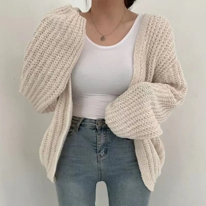 Women’s Chunky Knit Cardigan Sweater – Soft Oversized Open-Front Lantern Sleeve Acrylic Cardigan, Solid Color Slouchy Cozy Fall Winter Outerwear for Casual Daily Wear