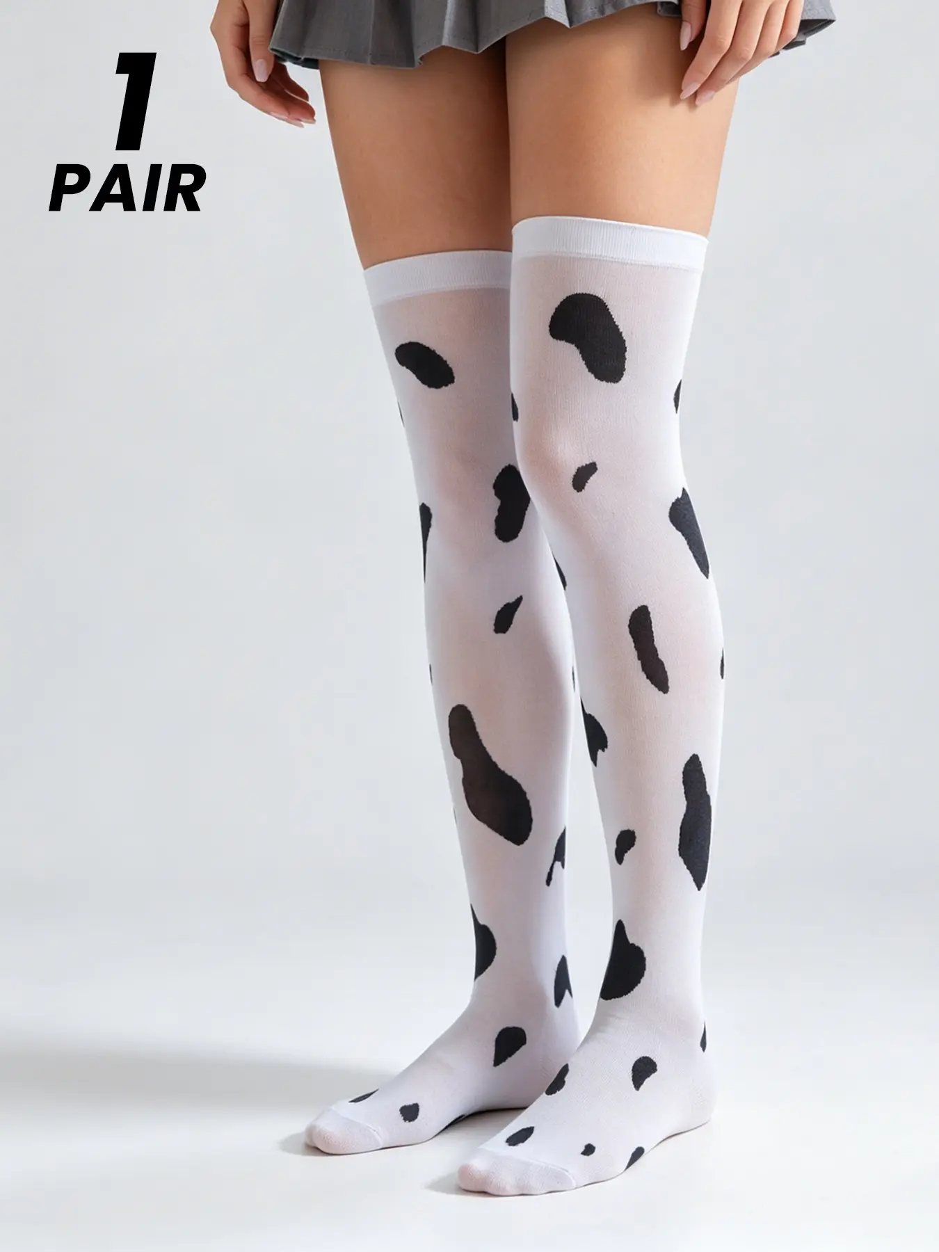1 Pair Women's Cute Thigh High Socks, Cute Novelty Socks, Cow Print Full Body Design, Daily Wear for Spring and Summer, Fitted Style, Cute Gift