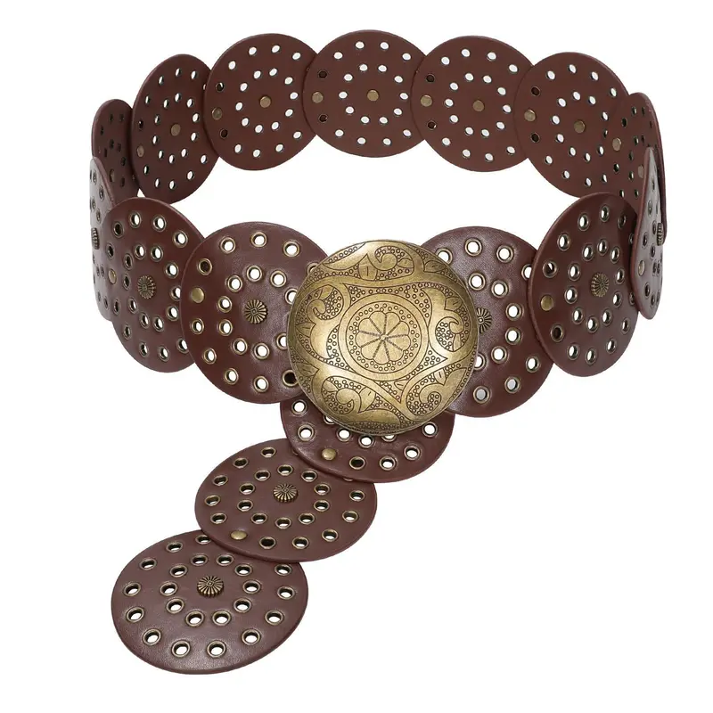 JASGOOD Women Western Concho Belts Wide Hollow Disc Leather Belt Cowgirl Boho Belt for Jeans Dresses with Metal Buckle