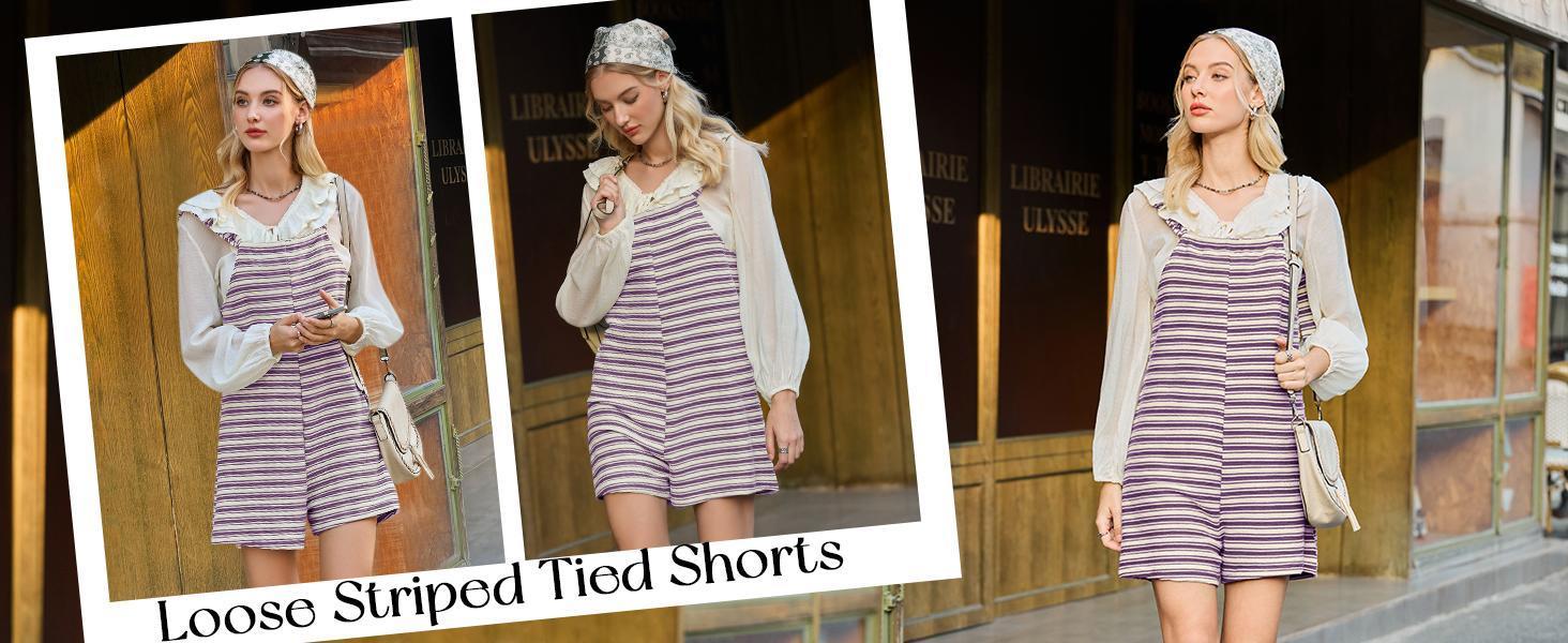 PASLTER Womens Summer Casual Sleeveless Romper Loose Striped Tied Shorts Overalls Jumpsuit with Pockets 2025 Clothes