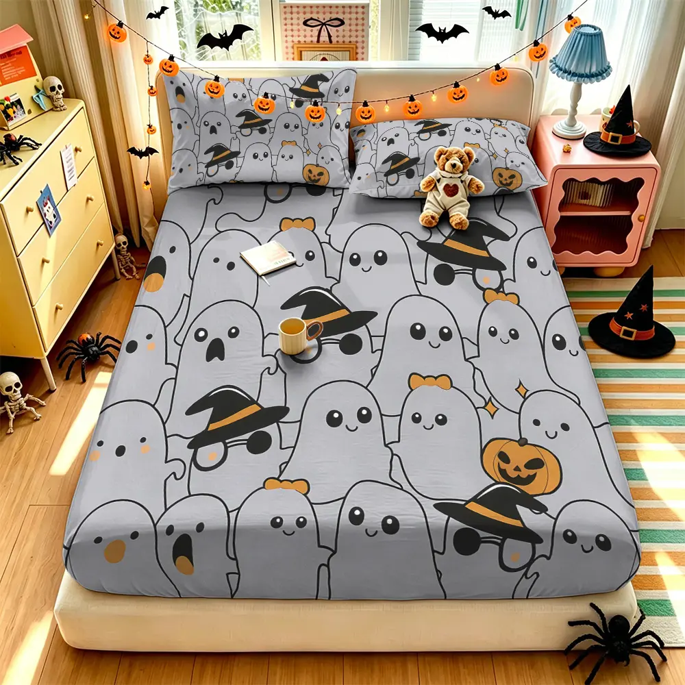 (1 fitted sheet + 2 pillowcases, no filler),Halloween Cute Ghost Pattern,Polyester fitted sheet 3-piece bedding set, machine washable, anti-shrink & anti-deform, durable bedding supplies for bedroom and dormitory
