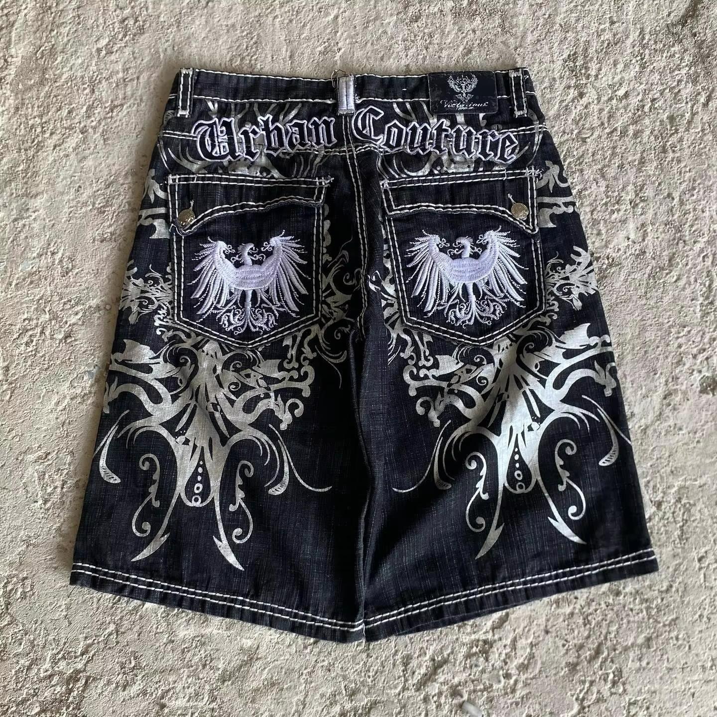 American Vintage Popular New Pattern Embroidery Baggy Denim Shorts Men Street Fashion Gothic Casual Joker Shorts Women Clothing, Trendy Summer Streetwear