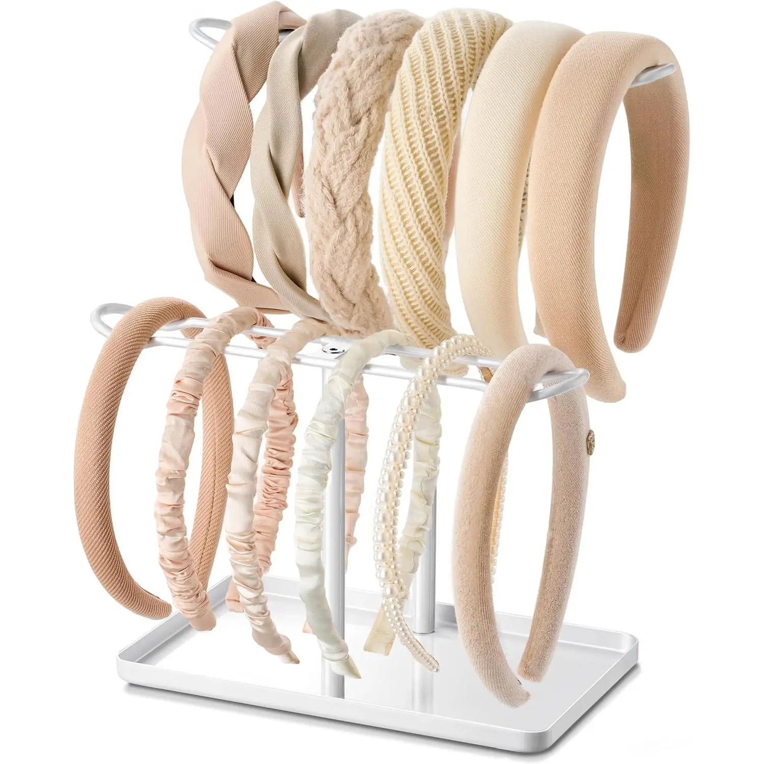 Headband Holder Organizer, 2-Tier T-bar Storage Stand with Tray for Hair Accessories Hairband Hair Clip, for Girls Women, White