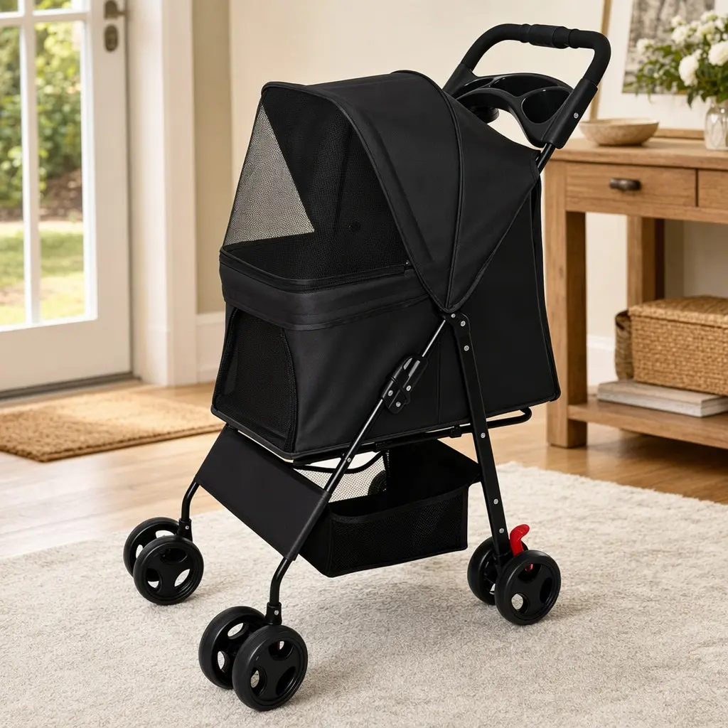 ARCH Foldable Pet Stroller for Small Dogs Cats Under 28 lbs, Carbon Steel Frame, Black, Multi-Functional Tray, 2 Safety Leashes, Storage Basket, Breathable Mesh, 4 Wheels, Easy Fold Travel Stroller for Vet Visits Parks Daily Walks, Metal, Foldable Puppy S