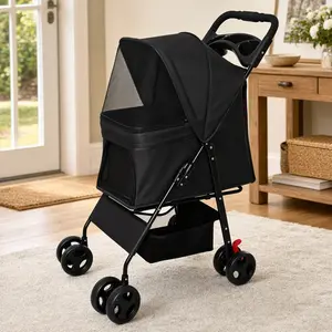 ARCH Foldable Pet Stroller for Small Dogs Cats Under 28 lbs, Carbon Steel Frame, Black, Multi-Functional Tray, 2 Safety Leashes, Storage Basket, Breathable Mesh, 4 Wheels, Easy Fold Travel Stroller for Vet Visits Parks Daily Walks