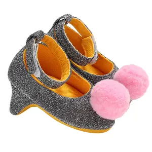 [Luxury Pom Pom] Sparkle Baby Girl Heels Boutique Princess Style Infant Baby Girl Newborn Baby Girl   Walking  Shoes For Baby Girl Soft Breathable Fabric Gift Ideas Photography Props