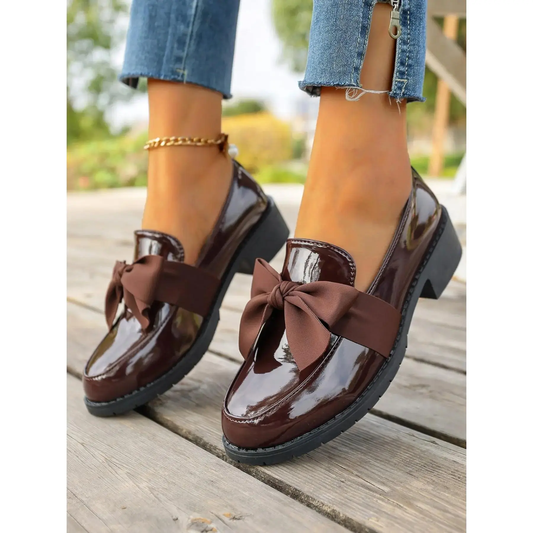 YYW1 Women's Vintage Classic Bow Flat Loafers, PU Material-On British Style Shoes, Elegant Pattern, All Seasons Wear, Casual Flats