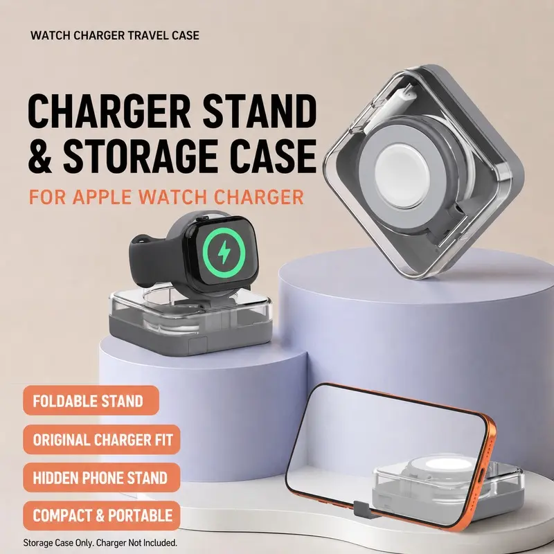 Charger Storage Case for Apple Watch, Portable Cable Organizer and Foldable Magnetic Charging Stand, Anti-Slip Travel Holder