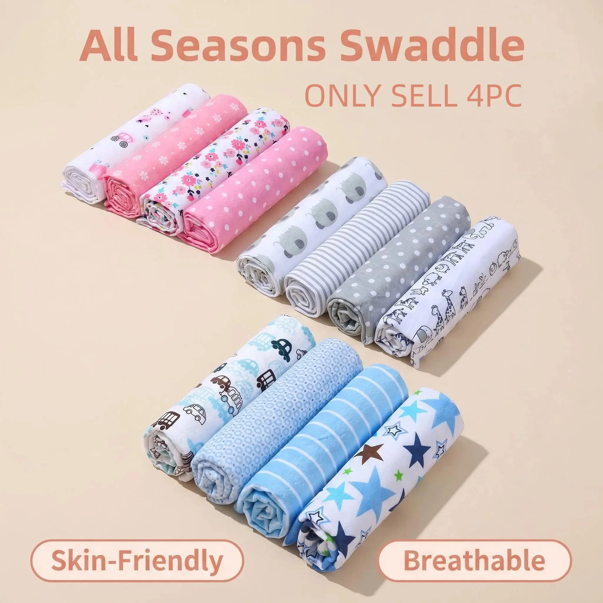 4 Pack Lightweight Soft Material Printed Infant Baby Swaddle Blanket, Portable Versatile Multi-use with Portability Bath Cover Blanket, Festive Holiday Gift for Newborn Baby Boys Girls All Seasons Use