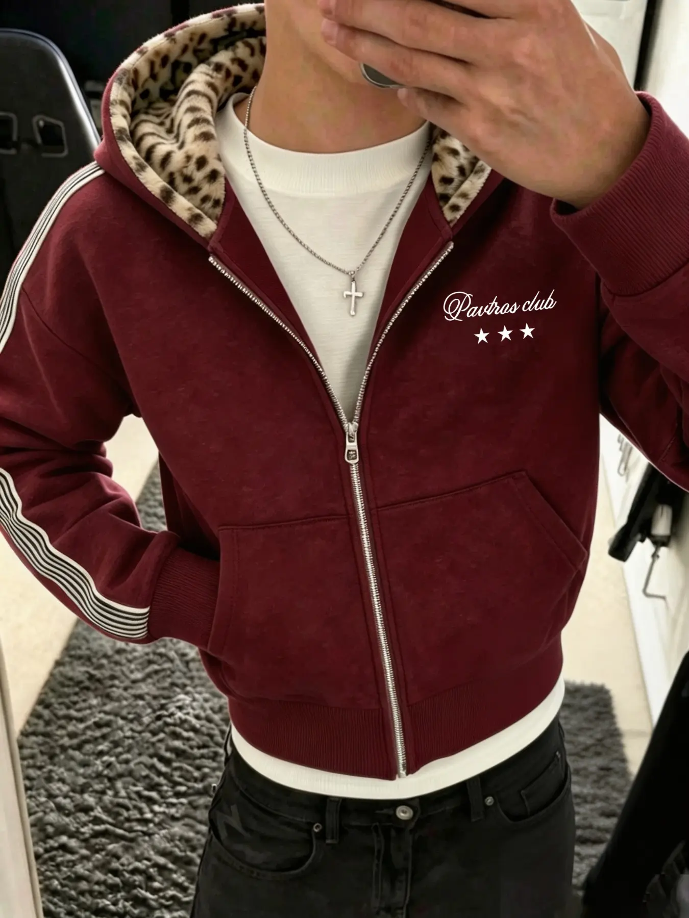 Men's Hooded Zipper Sweatshirt, Letter Star Print, American Vintage Jacket, Leopard Fur Lining, Fall Winter Casual Striped Top, Casual Sweatshirt Hoodie