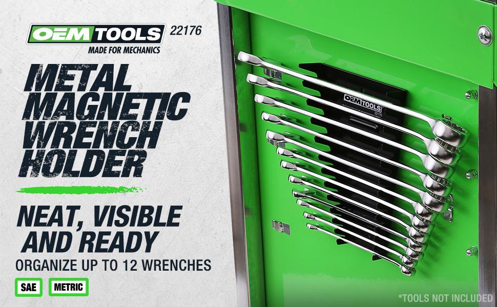 22176 Pro Wrench Organizer, 12 Wrench Rail, SAE and Metric Tool Drawer Organizers For Tool Boxes And Surfaces, Black