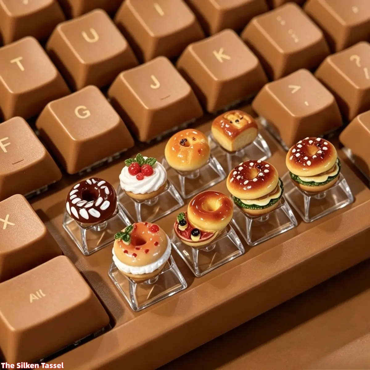 8PCS Food Artisan Keycaps, 3D Resin Bagel Donut Burger Dessert Custom Key Cap, Cute Handmade Decorative Keycap for Mechanical Keyboard