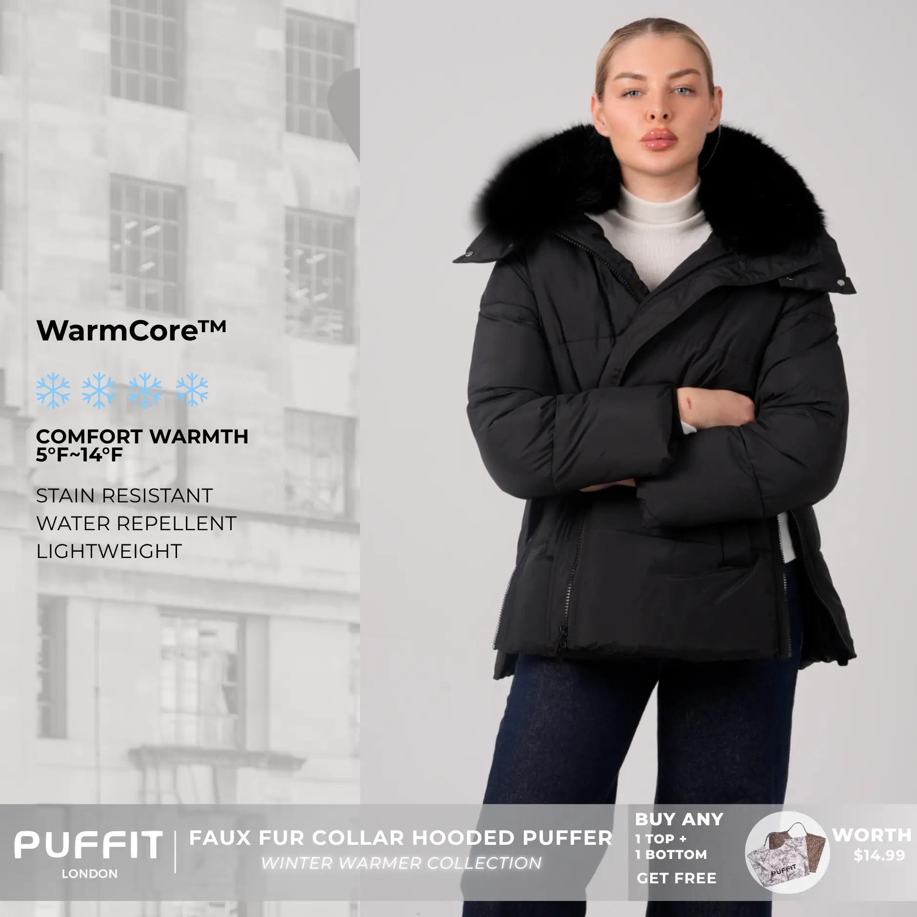 PUFFIT WarmCore Premium Removable Faux Fur Collar Puffer With Detached Hood,Removable Faux Fur Collar,Side Zipper Design,Windproof Sleeves,High-Density, High-Twist Fabric,Detachable Hood, Elegant And Appearance