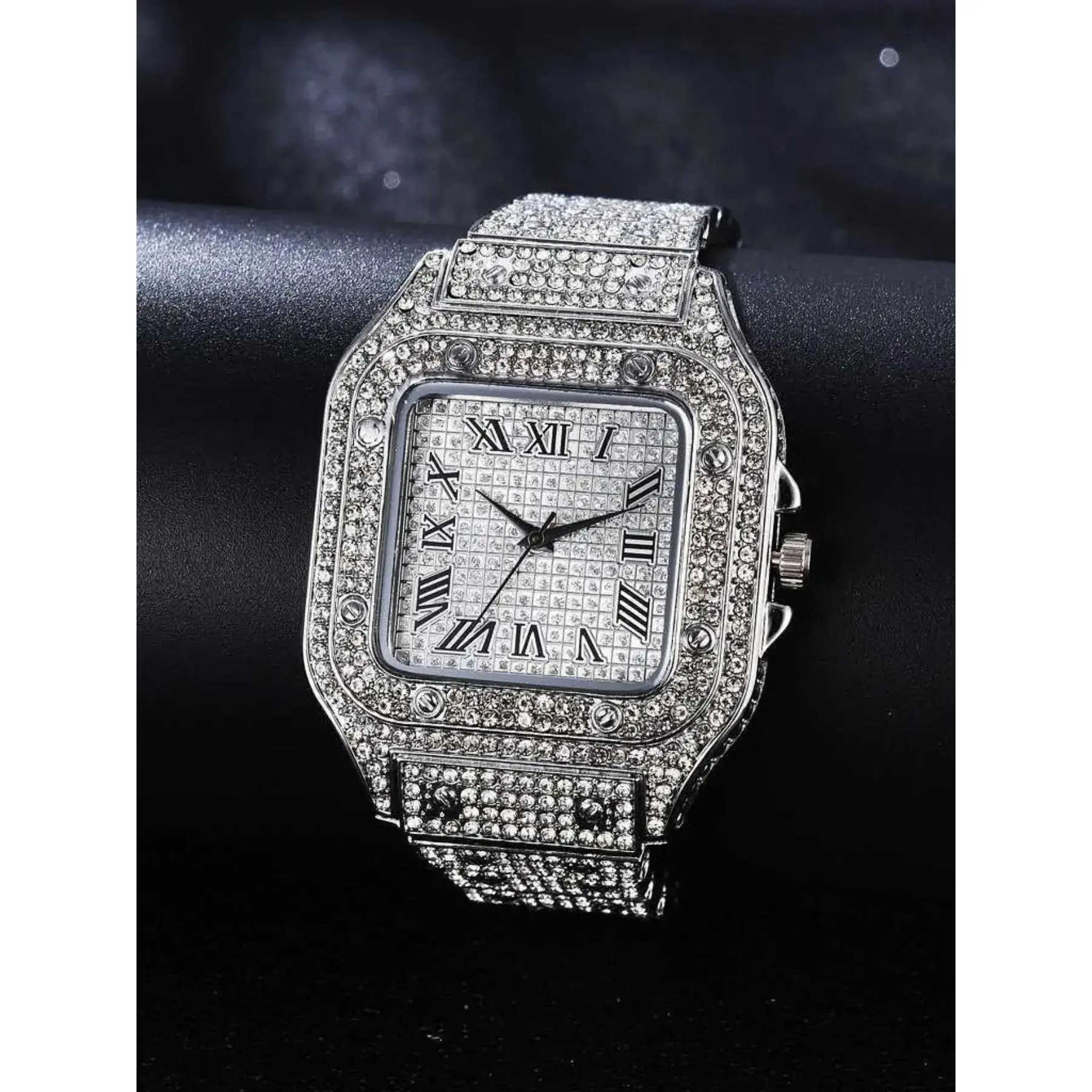 Men's Luxury Rhinestone Decorated Elegant Square Dial Analog Quartz Watch, Fashion Classic Watch For Gift, Without Box, Rhinestone Watches, Square Dial Wristwatch, Rhinestone Embellished Watch