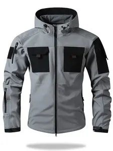 Men's Solid Color Tactical Soft Shell Jacket, Multi-Zip Pockets, Windproof Waterproof, Outdoor Commute Jacket, Two-In-One Outerwear