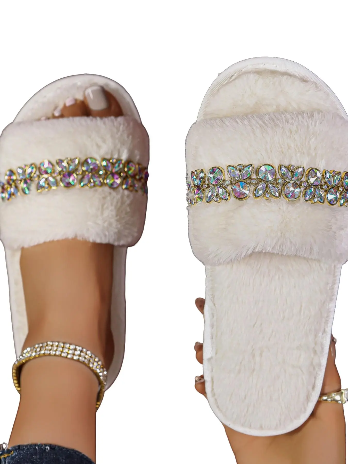 Luxury Sparkling Diamond Fur Slippers Soft Plush Home Slip-On Shoes for Women, Comfortable Indoor Flat Sandals with Shine Details